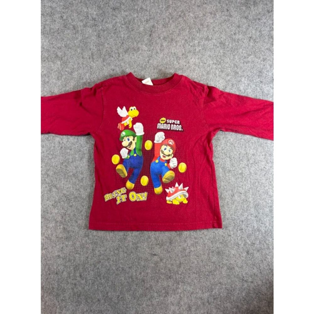 Nintendo Super Mario Bros Long Sleeve Shirt Kids 4T Red Graphic Tee Gamer Y2K
